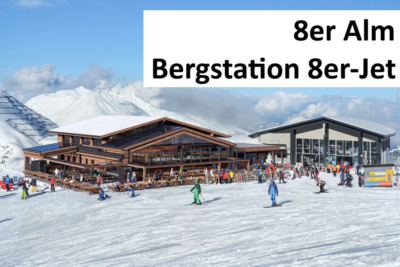 8er Alm und Bergstation des 8er-Jet in Hochfügen mit Skifahrern davor